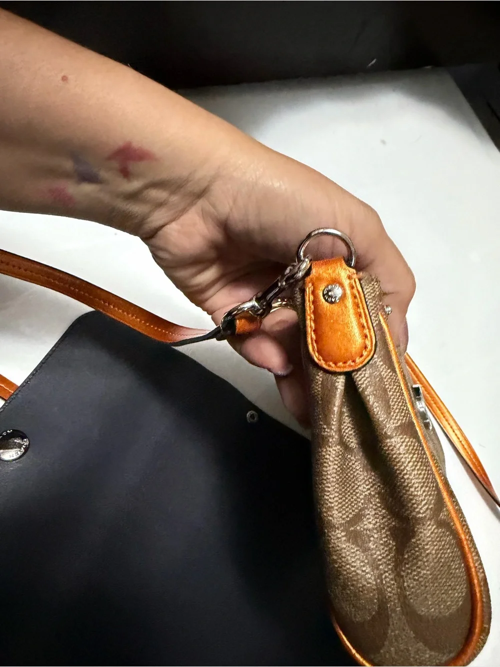 Brown and Black Crossbody Bag with Orange Accents grey reversible